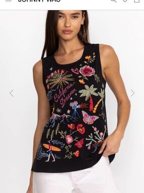 Johnny Was Black Embroidered 'California Dreamin' Graphic Tank